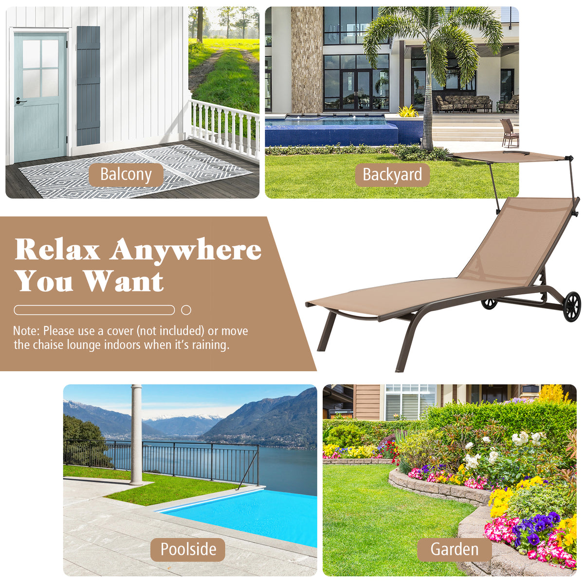 Patio Heavy-Duty Adjustable Chaise Lounge Chair with Canopy Cup