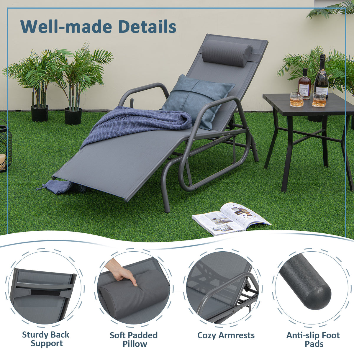 Outdoor Chaise Lounge Glider Chair with Armrests – Gray