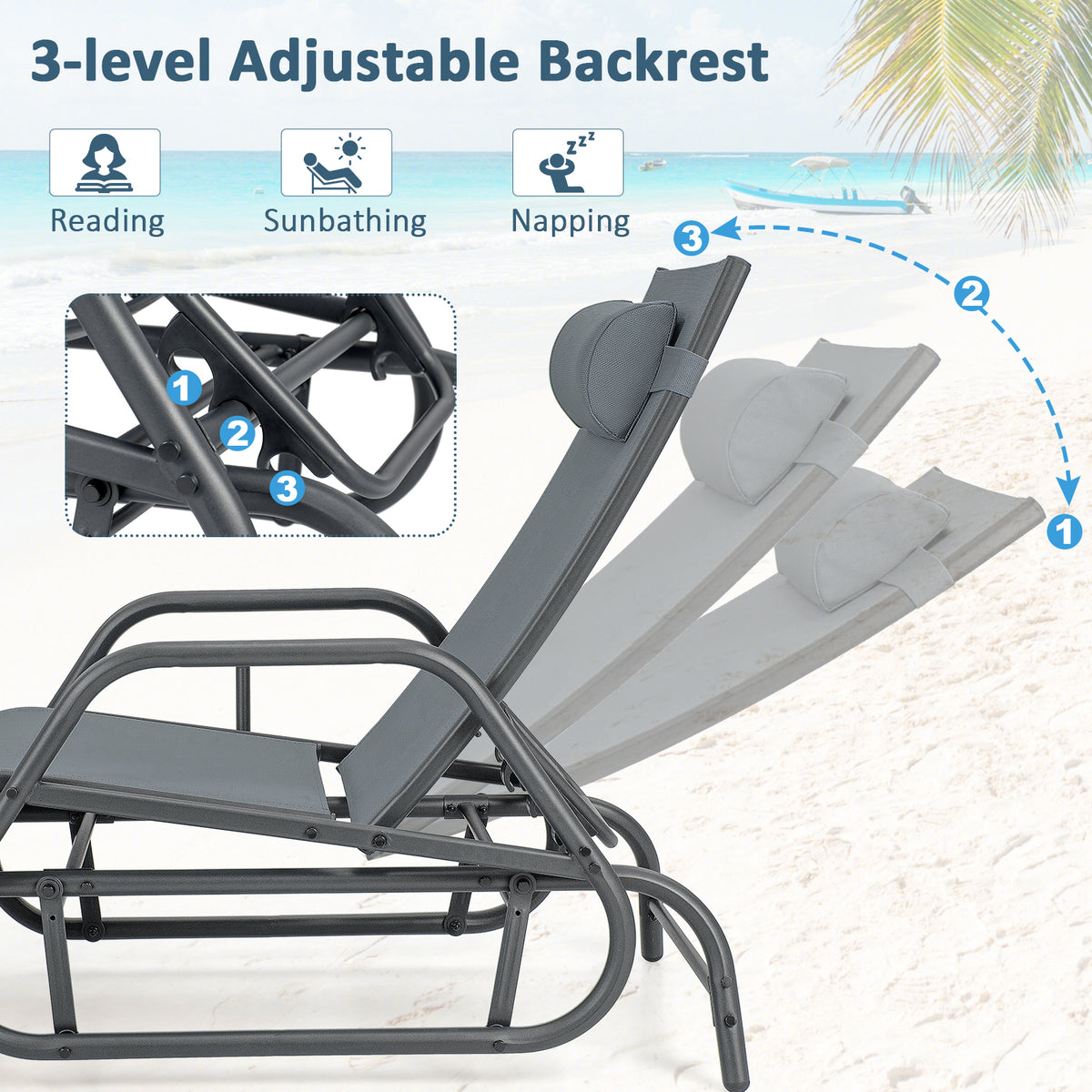 Outdoor Chaise Lounge Glider Chair with Armrests – Gray