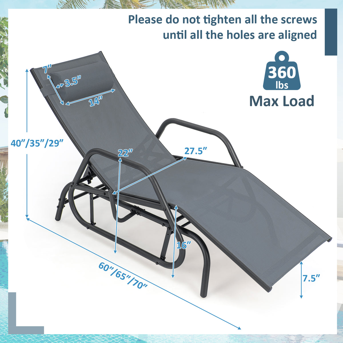 Outdoor Chaise Lounge Glider Chair with Armrests – Gray