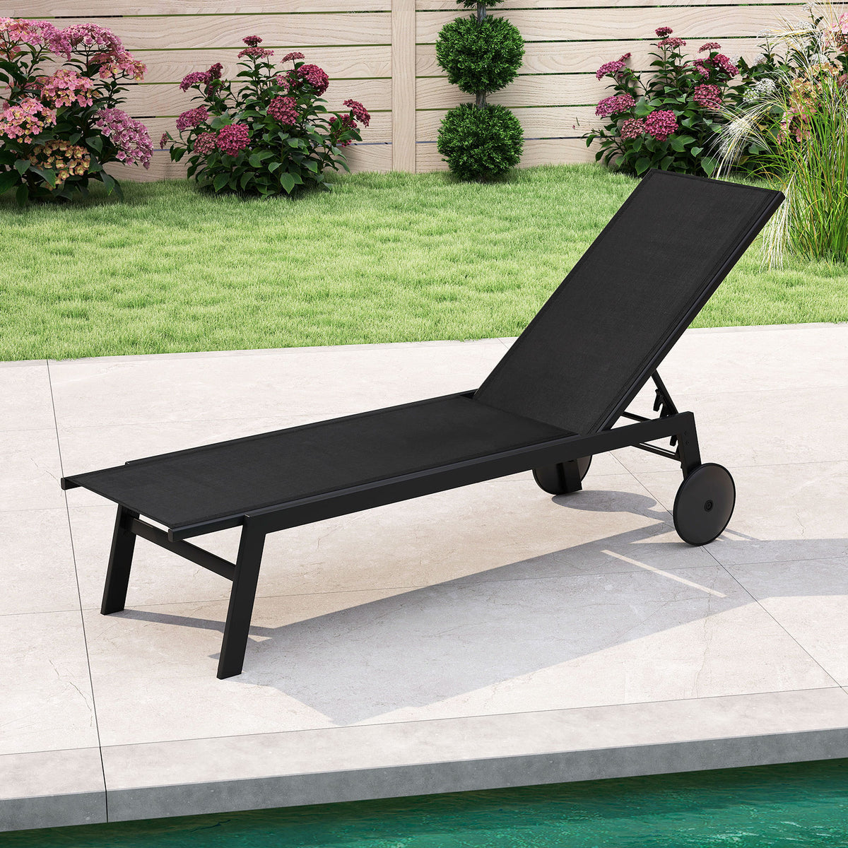 Patio Chaise Lounge Chair with Wheels and 6-Level Adjustable Backrest