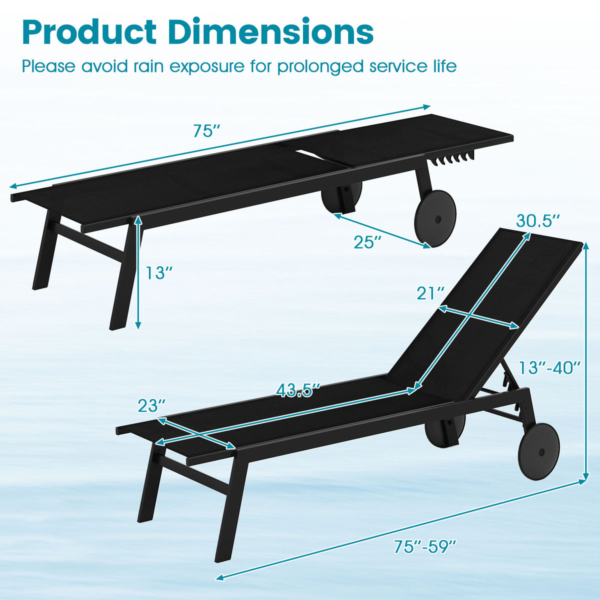 Patio Chaise Lounge Chair with Wheels and 6-Level Adjustable Backrest