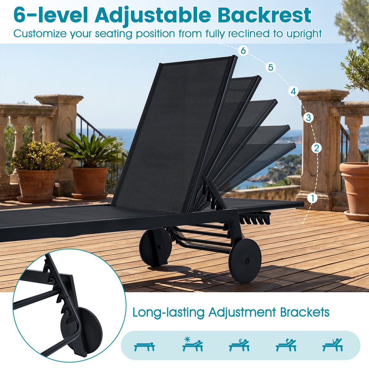 Patio Chaise Lounge Chair with Wheels and 6-Level Adjustable Backrest