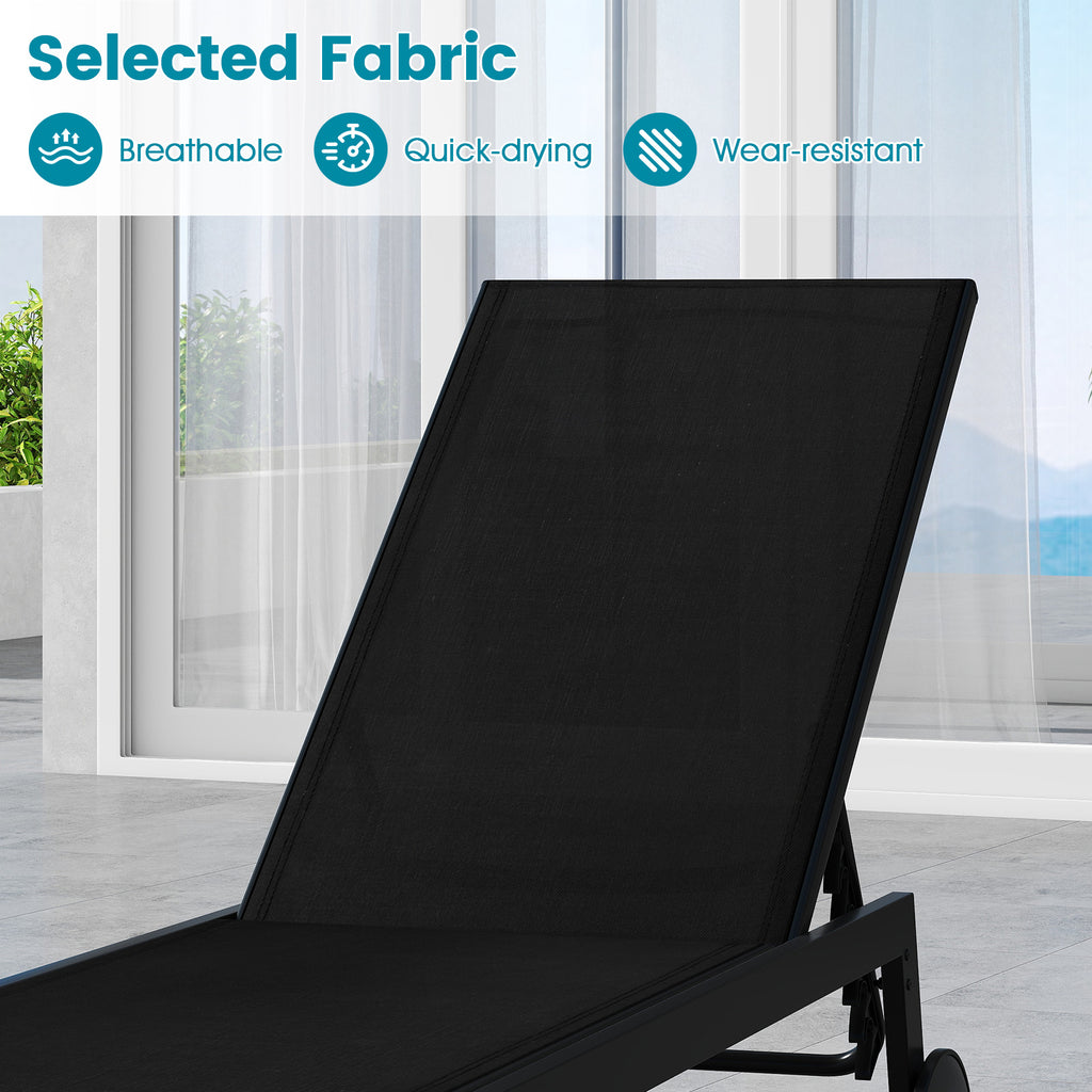 Patio Chaise Lounge Chair with Wheels and 6-Level Adjustable Backrest