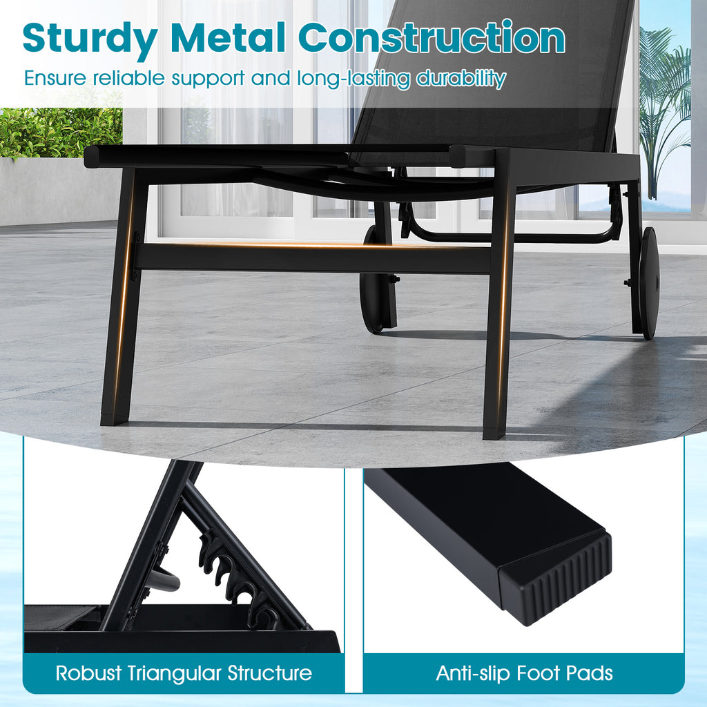 Patio Chaise Lounge Chair with Wheels and 6-Level Adjustable Backrest