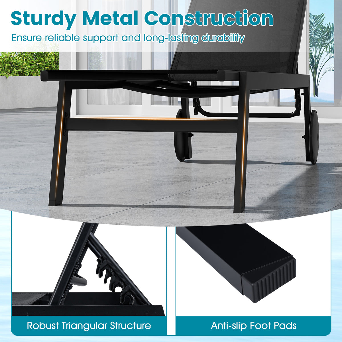 Patio Chaise Lounge Chair with Wheels and 6-Level Adjustable Backrest