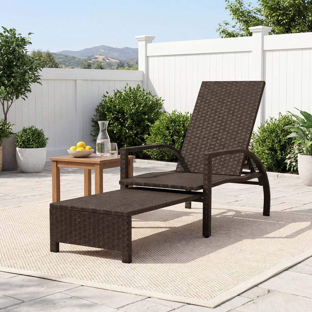 Patio Chaise Lounge Rattan Chair with Retractable Ottoman