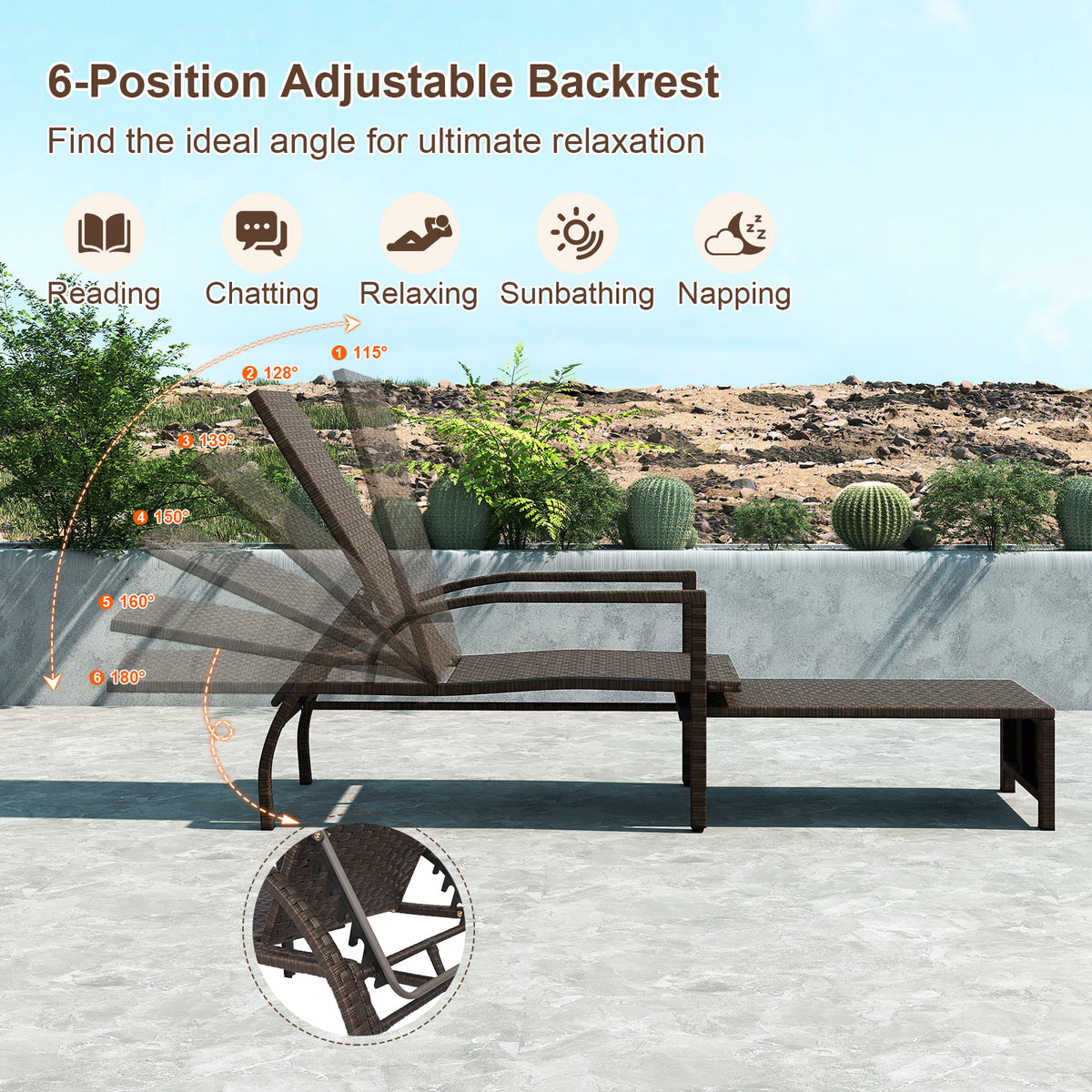 Patio Chaise Lounge Rattan Chair with Retractable Ottoman
