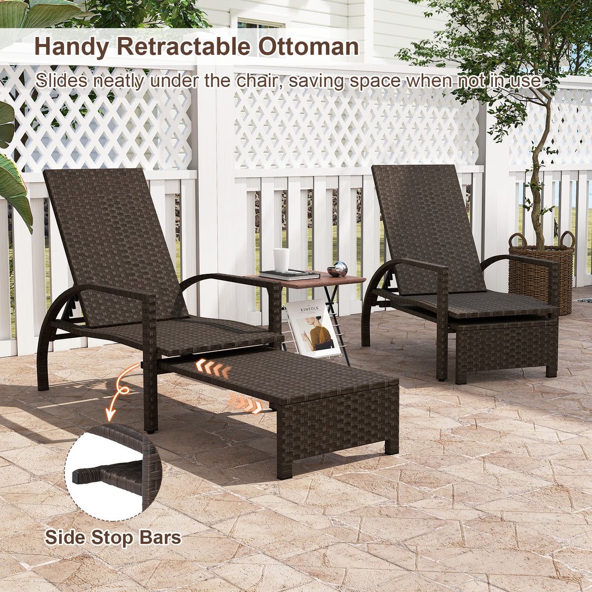 Patio Chaise Lounge Rattan Chair with Retractable Ottoman