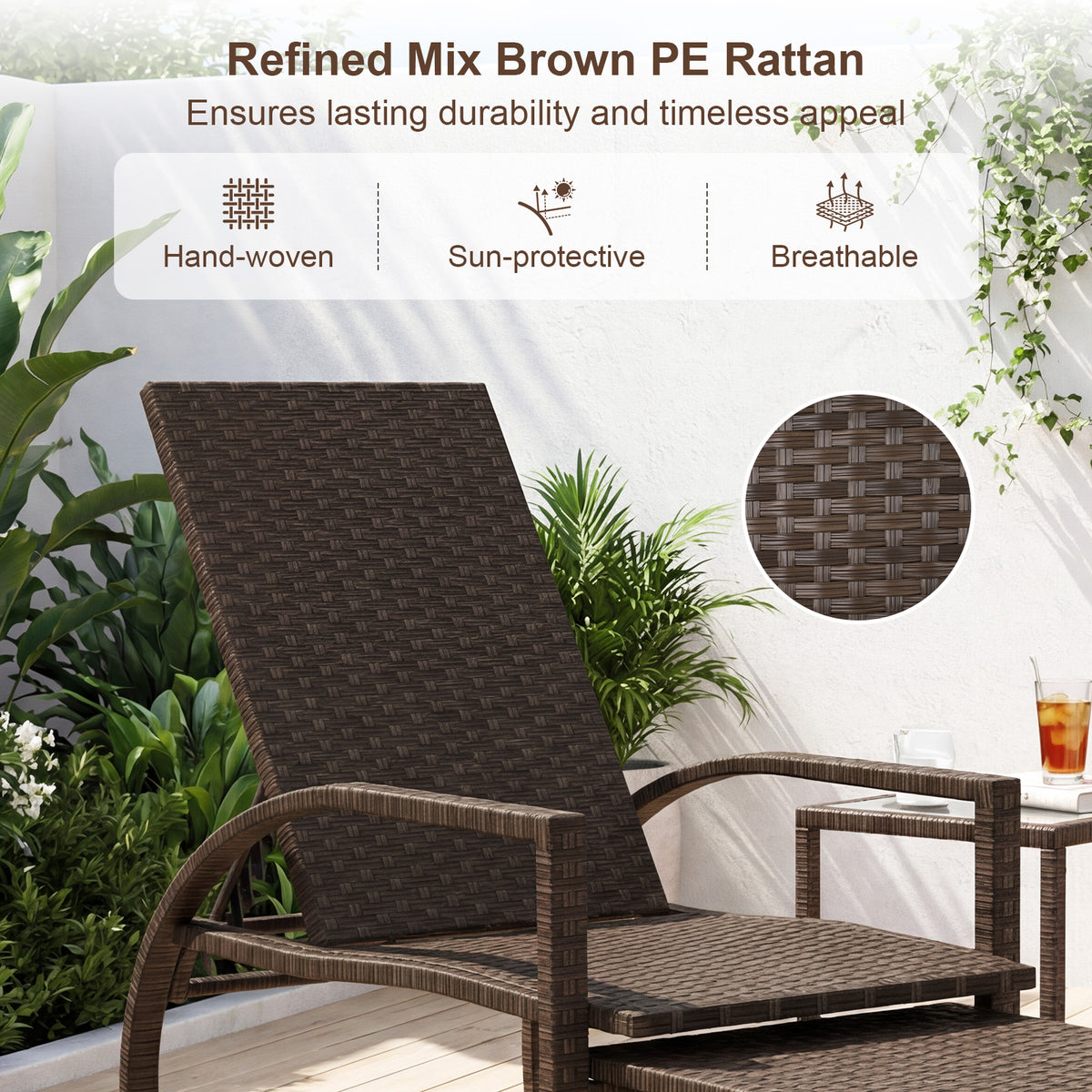 Patio Chaise Lounge Rattan Chair with Retractable Ottoman