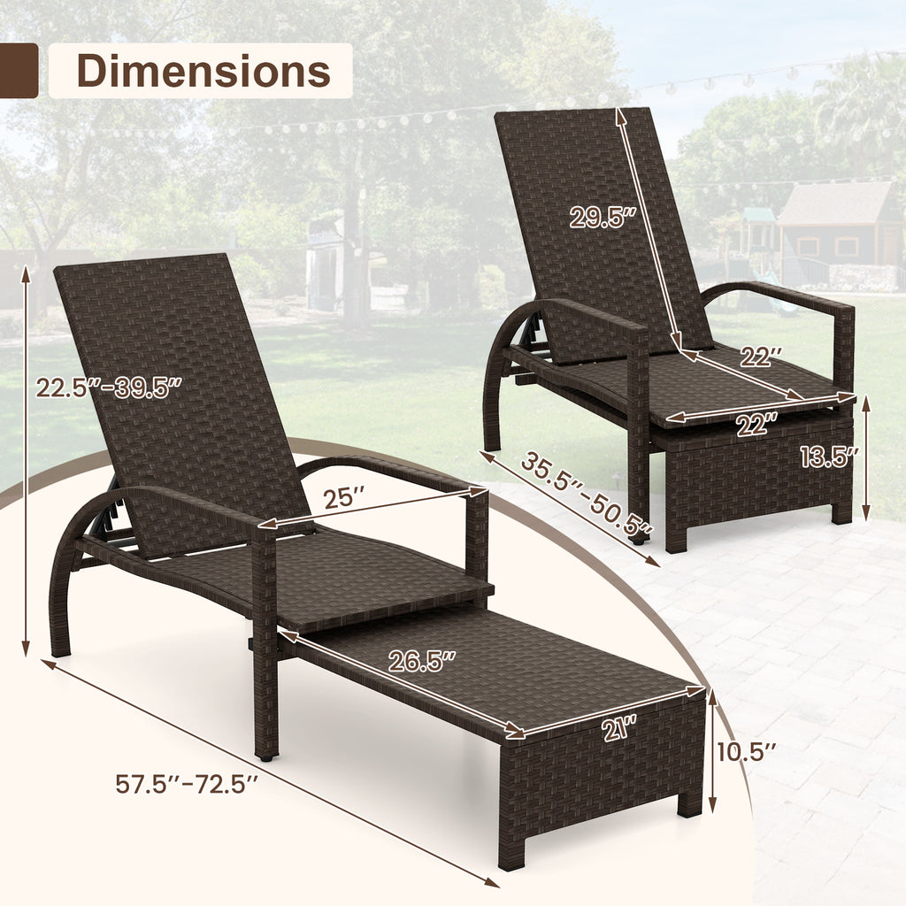Patio Chaise Lounge Rattan Chair with Retractable Ottoman