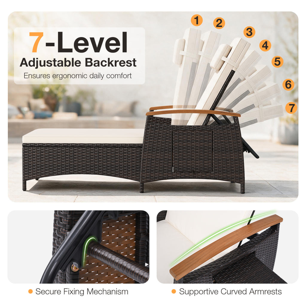 Patio Chaise Lounge with 7-Level Adjustable Backrest and Removable