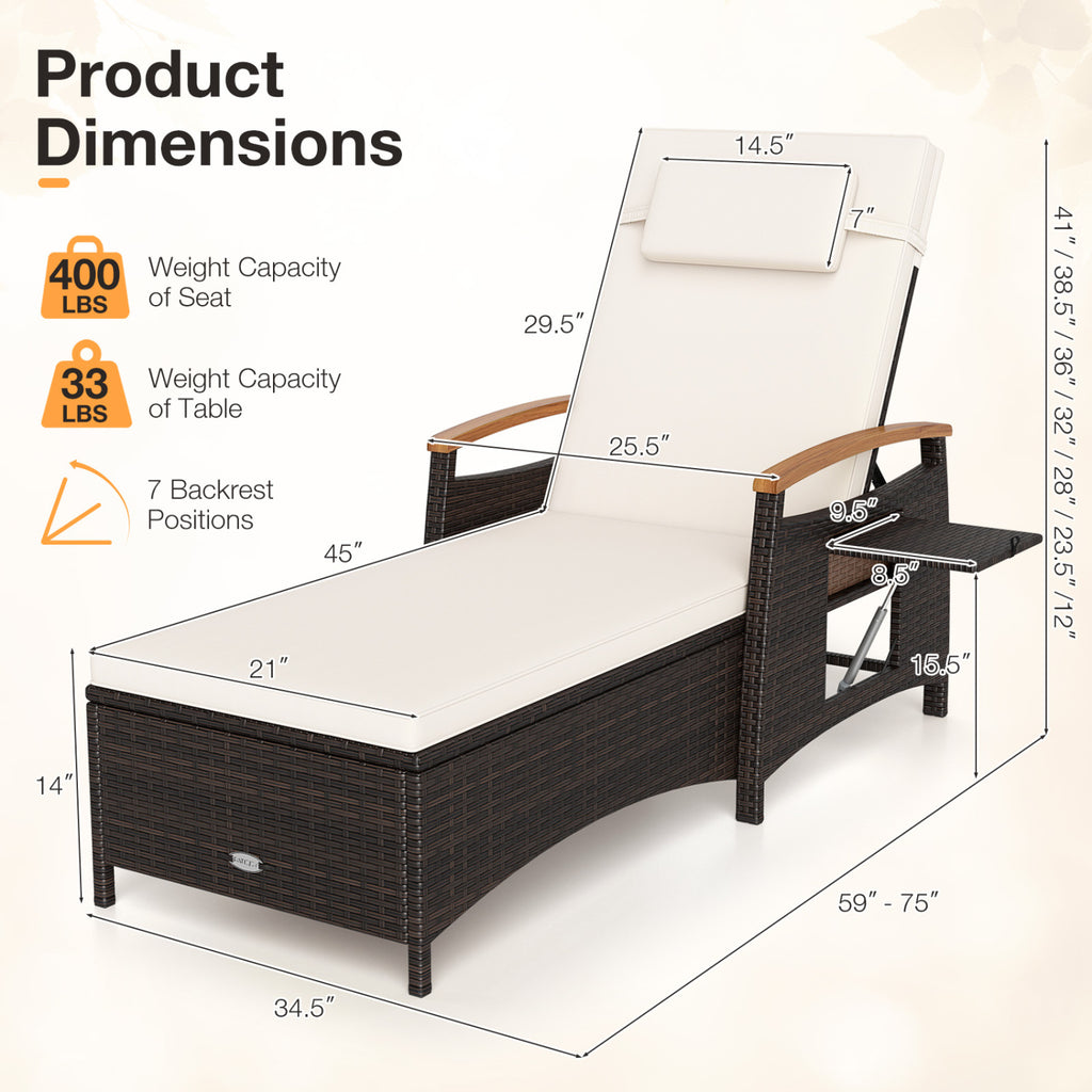 Patio Chaise Lounge with 7-Level Adjustable Backrest and Removable