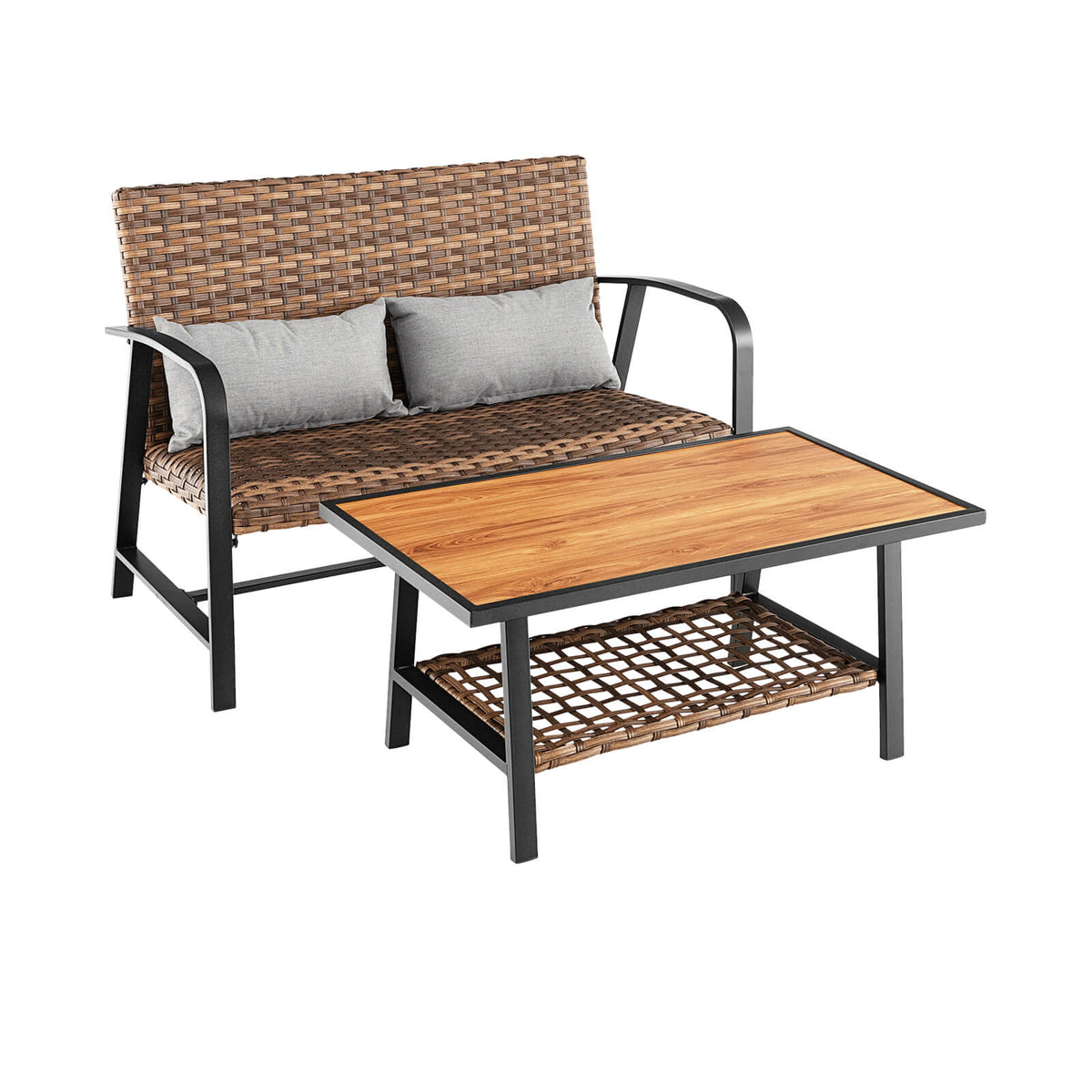 2-Piece Rattan Patio Coffee Table Set with Cushions