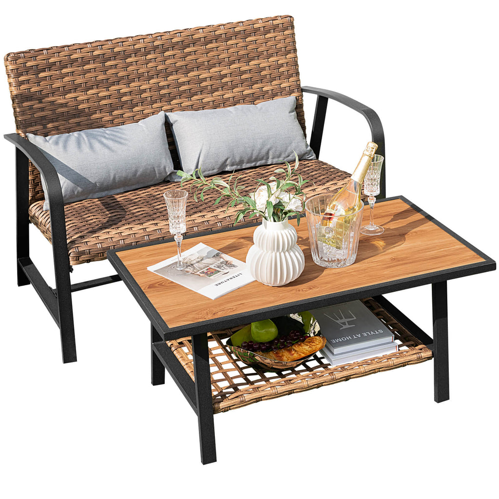 2-Piece Rattan Patio Coffee Table Set with Cushions