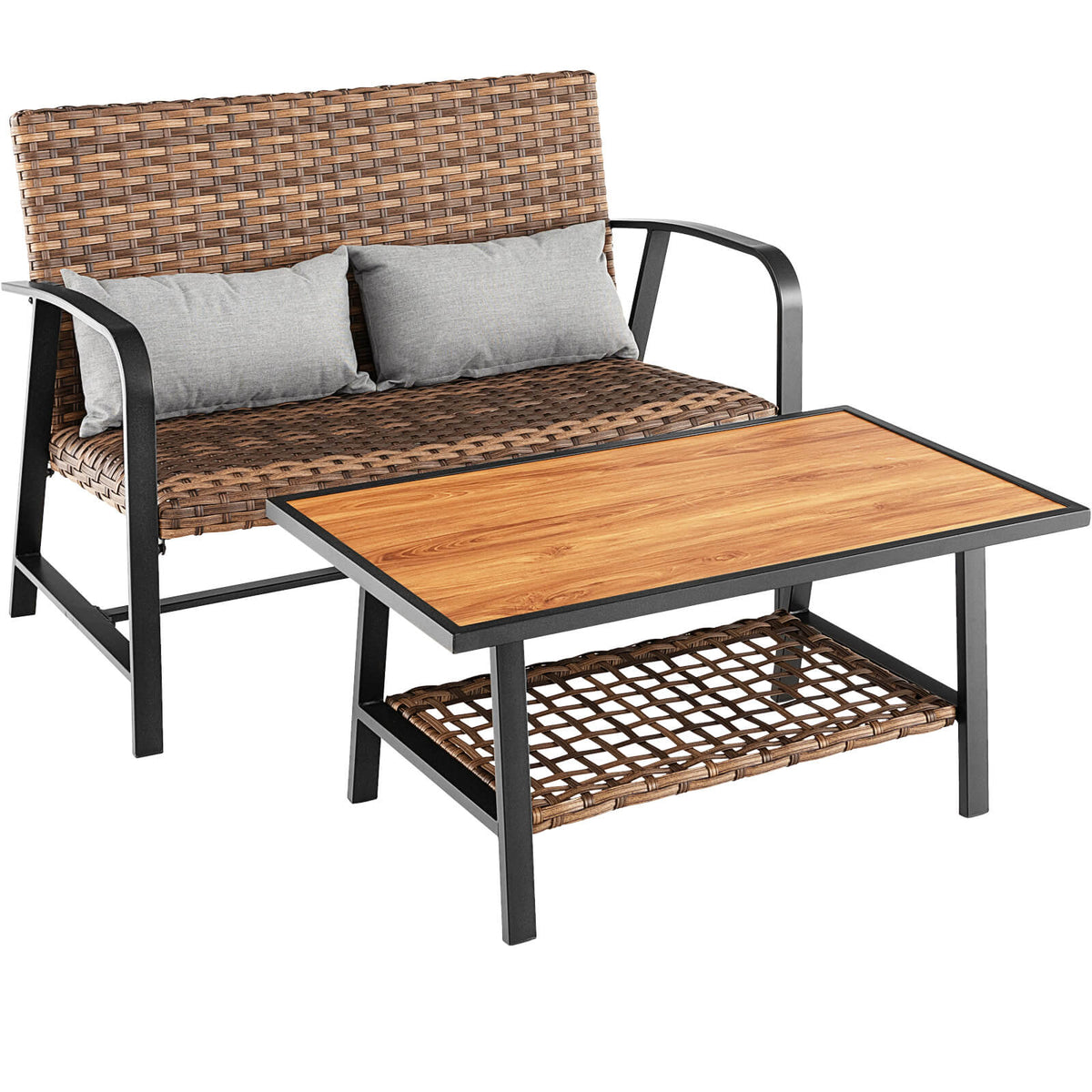 2-Piece Rattan Patio Coffee Table Set with Cushions