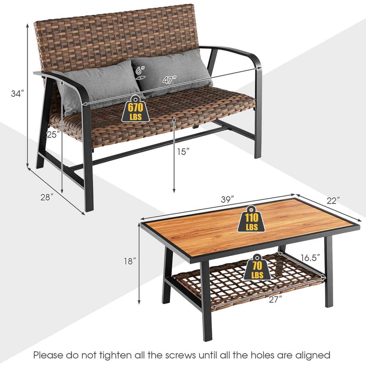2-Piece Rattan Patio Coffee Table Set with Cushions