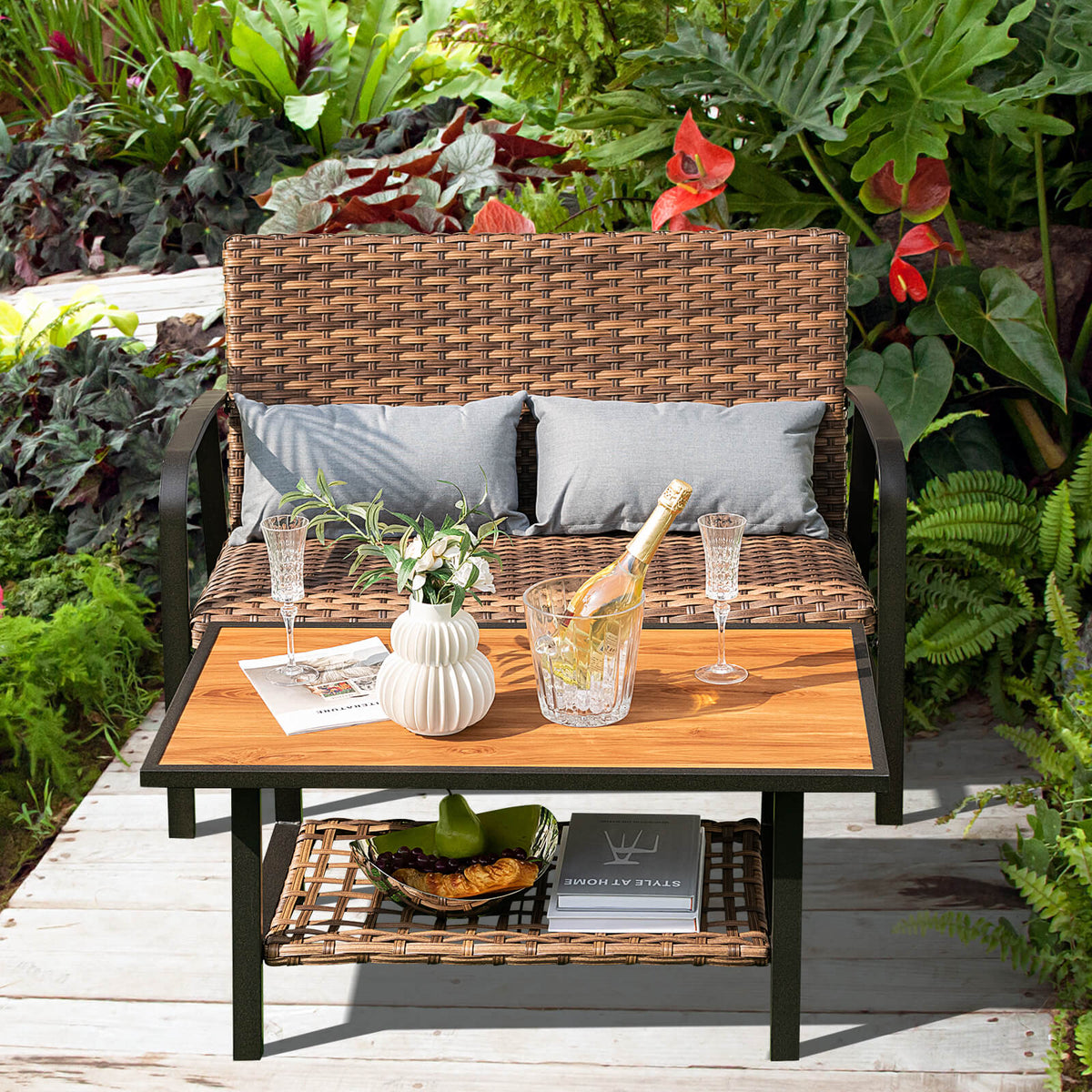 2-Piece Rattan Patio Coffee Table Set with Cushions