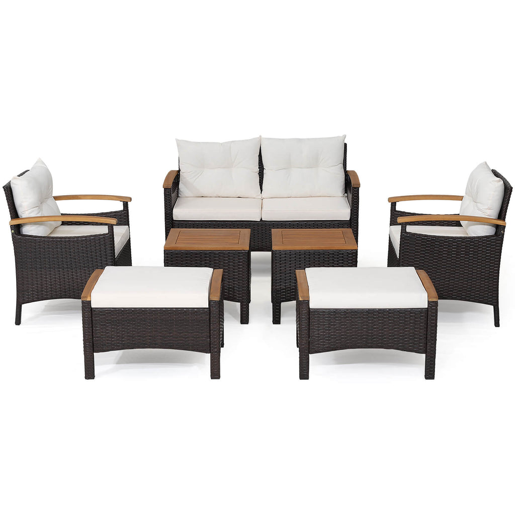 7-Piece Rattan Patio Sofa Set - Loveseat, 2 Chairs, 2 Ottomans & Coffee Tables