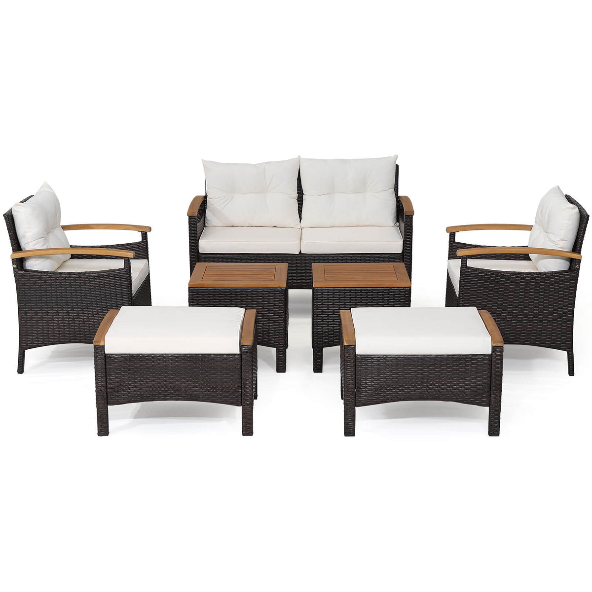 7-Piece Rattan Patio Sofa Set - Loveseat, 2 Chairs, 2 Ottomans & Coffee Tables
