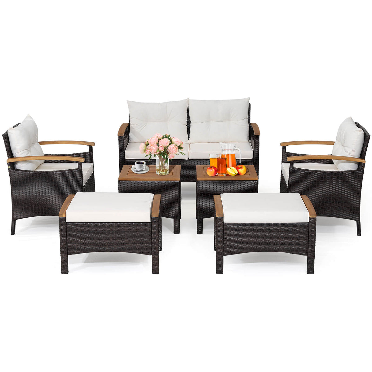 7-Piece Rattan Patio Sofa Set - Loveseat, 2 Chairs, 2 Ottomans & Coffee Tables