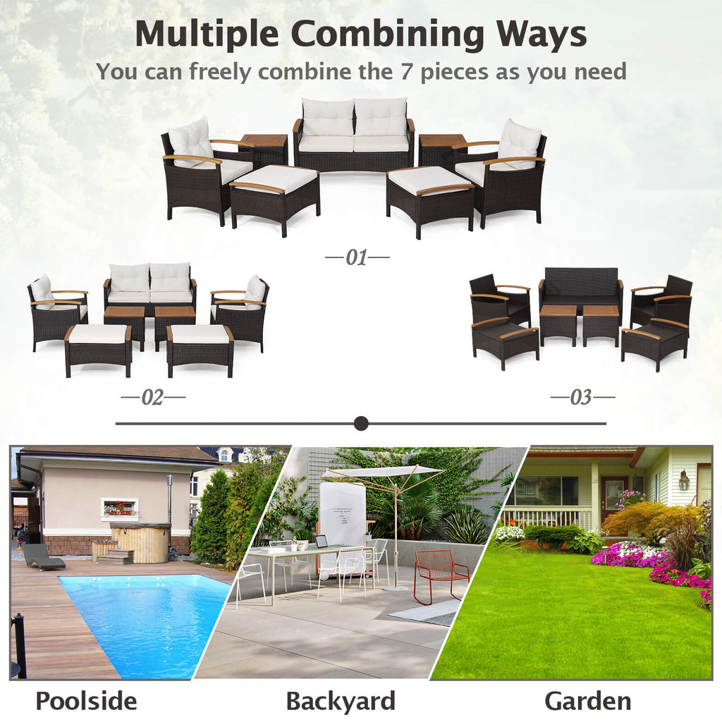7-Piece Rattan Patio Sofa Set - Loveseat, 2 Chairs, 2 Ottomans & Coffee Tables