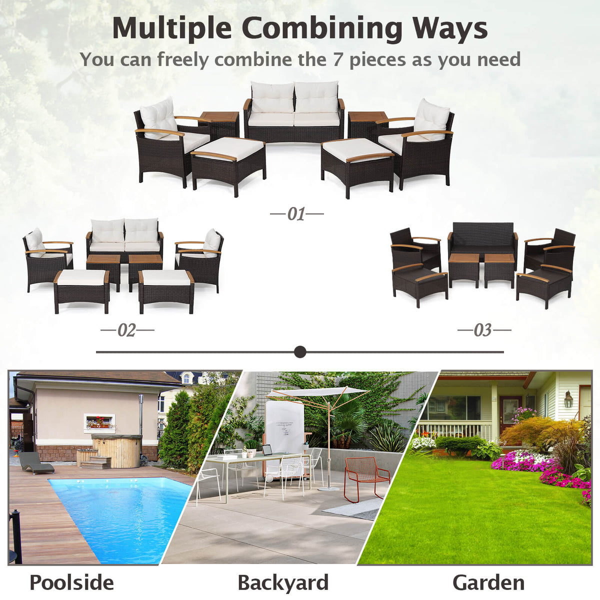 7-Piece Rattan Patio Sofa Set - Loveseat, 2 Chairs, 2 Ottomans & Coffee Tables