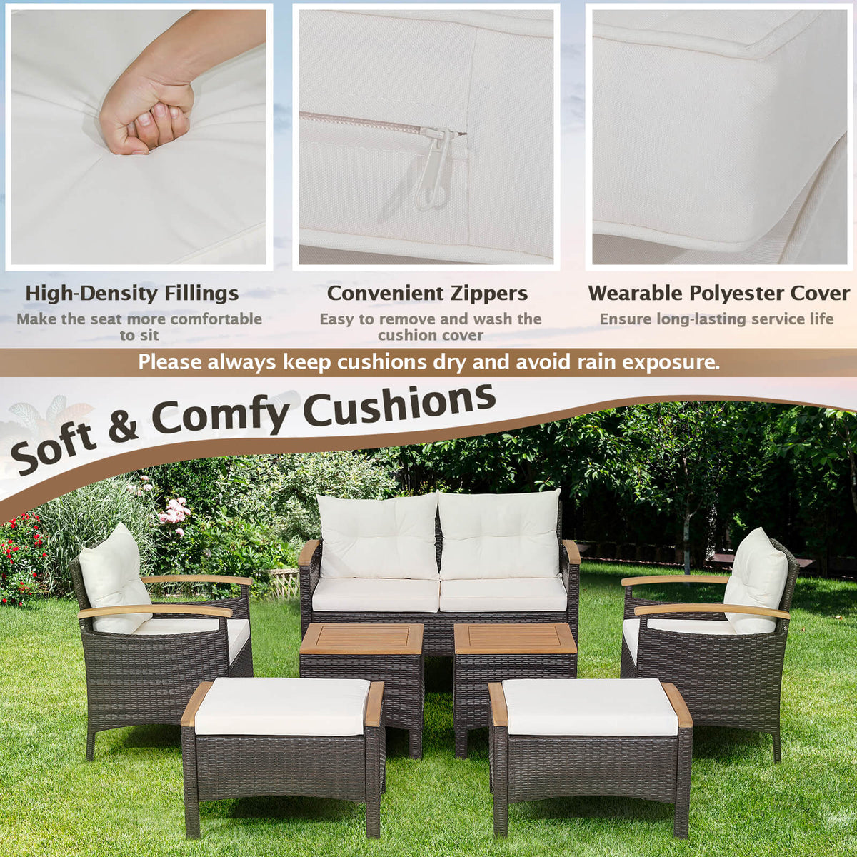 7-Piece Rattan Patio Sofa Set - Loveseat, 2 Chairs, 2 Ottomans & Coffee Tables