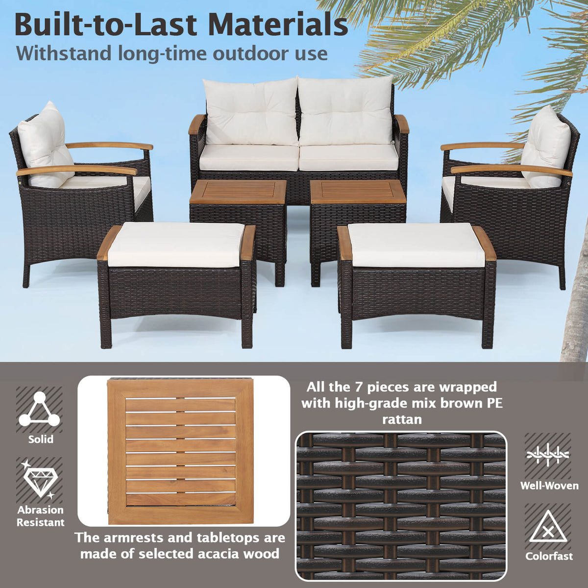 7-Piece Rattan Patio Sofa Set - Loveseat, 2 Chairs, 2 Ottomans & Coffee Tables