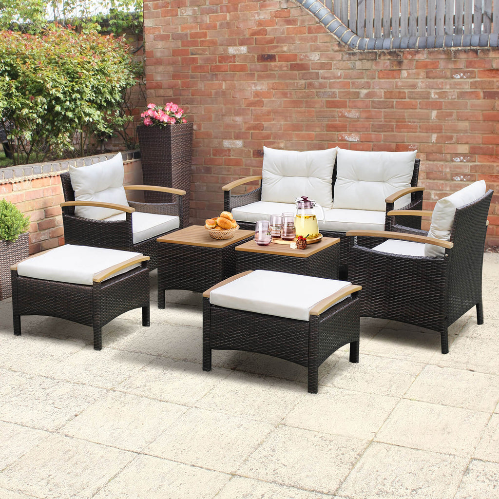 7-Piece Rattan Patio Sofa Set - Loveseat, 2 Chairs, 2 Ottomans & Coffee Tables