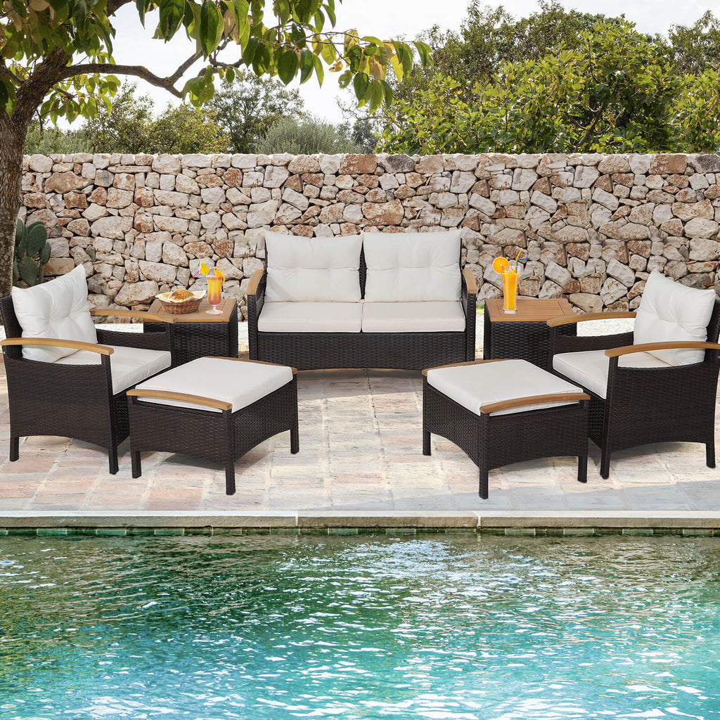 7-Piece Rattan Patio Sofa Set - Loveseat, 2 Chairs, 2 Ottomans & Coffee Tables