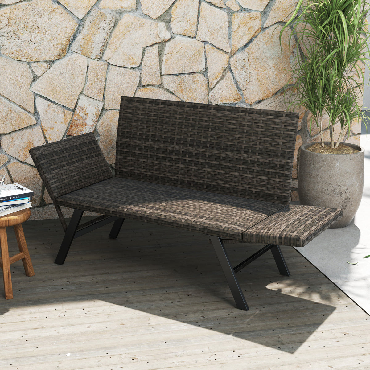 PE Rattan Patio Loveseat Sofa - Gray, Convertible