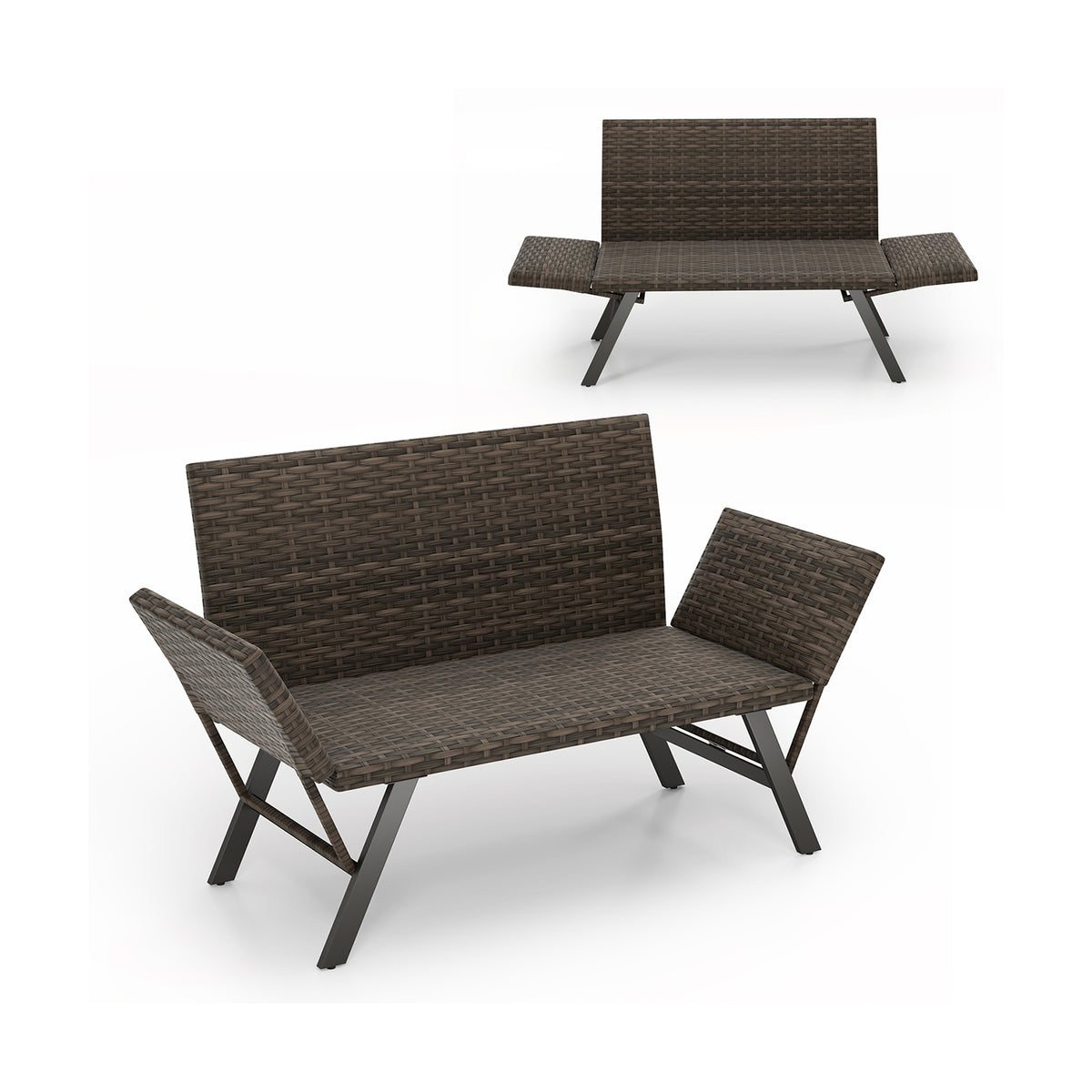 PE Rattan Patio Loveseat Sofa - Gray, Convertible