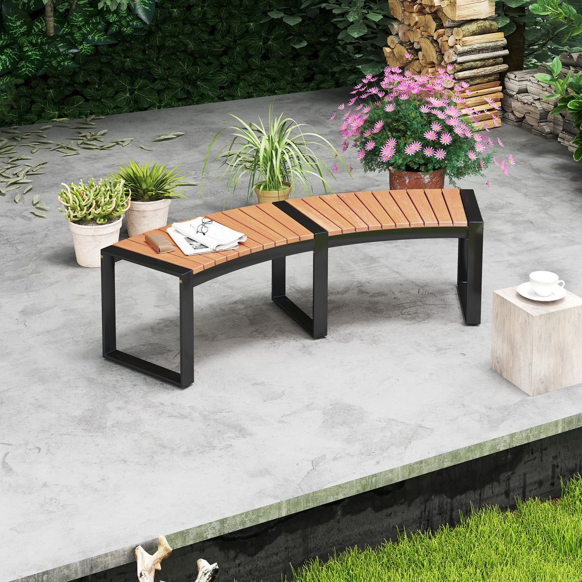 Curved Patio Bench with Acacia Wood Seat – 1 Piece