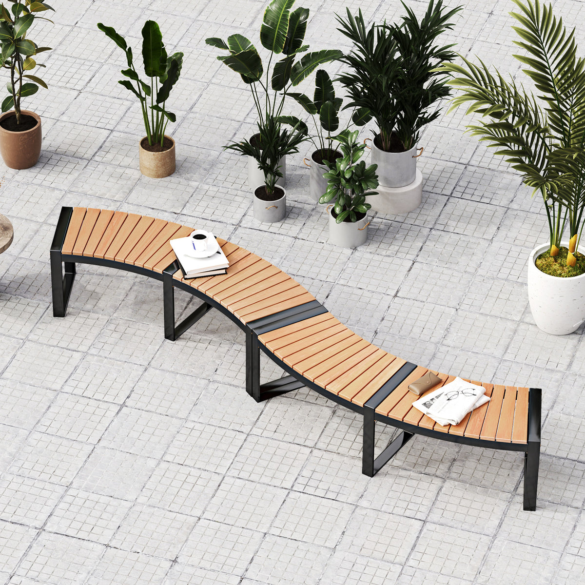 Curved Patio Bench with Acacia Wood Seat – 1 Piece