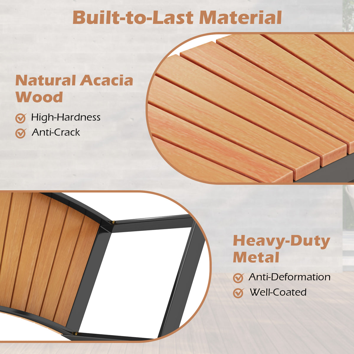 Curved Patio Bench with Acacia Wood Seat – 1 Piece