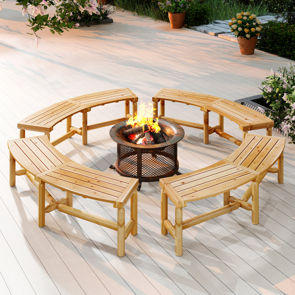 Curved Outdoor Bench Solid Wood Fire Pit - Style 2, Natural