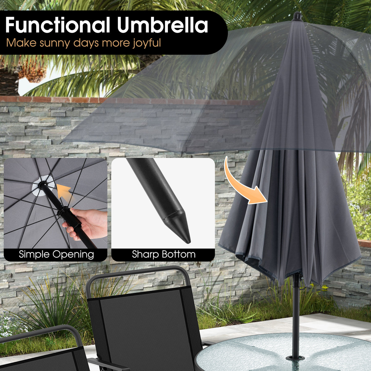 6 Pieces Patio Dining Set Folding Chairs Glass Table Tilt Umbrella