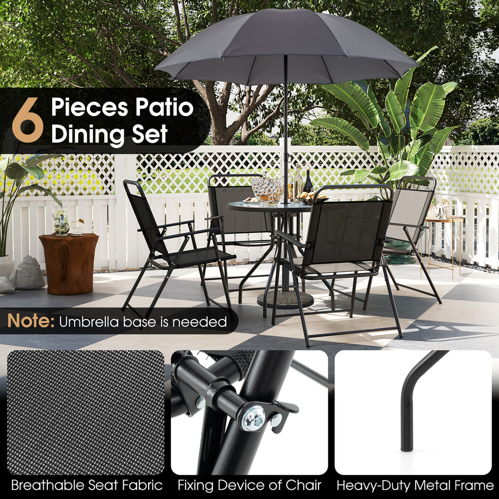 6 Pieces Patio Dining Set Folding Chairs Glass Table Tilt Umbrella