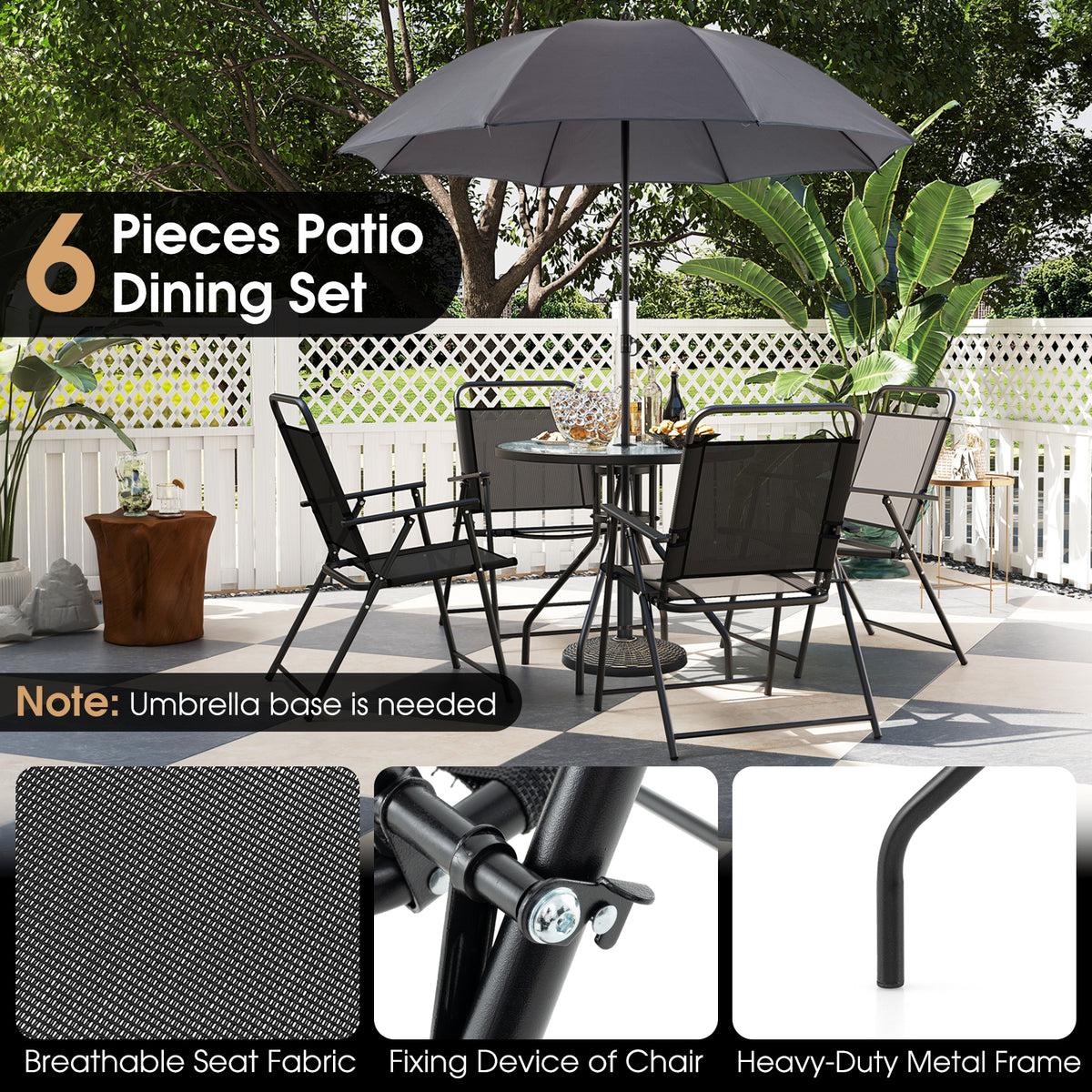 6 Pieces Patio Dining Set Folding Chairs Glass Table Tilt Umbrella