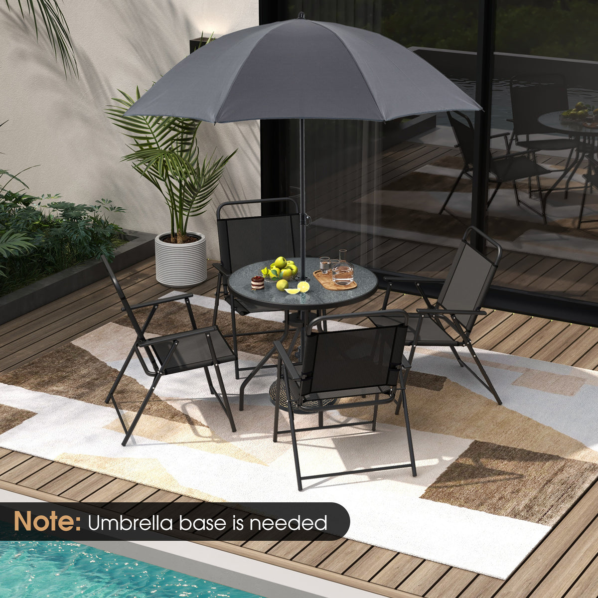 6 Pieces Patio Dining Set Folding Chairs Glass Table Tilt Umbrella