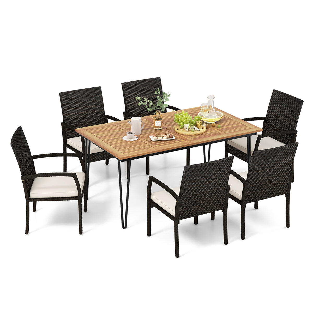 7 Pieces Patio Dining Set with Acacia Wood Table for Porch Backyard