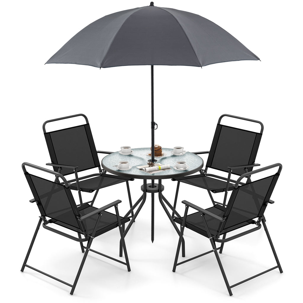 6 Pieces Patio Dining Set Folding Chairs Glass Table Tilt Umbrella