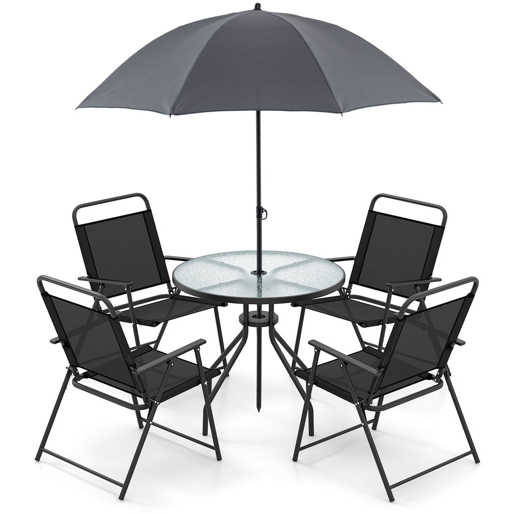 6 Pieces Patio Dining Set Folding Chairs Glass Table Tilt Umbrella