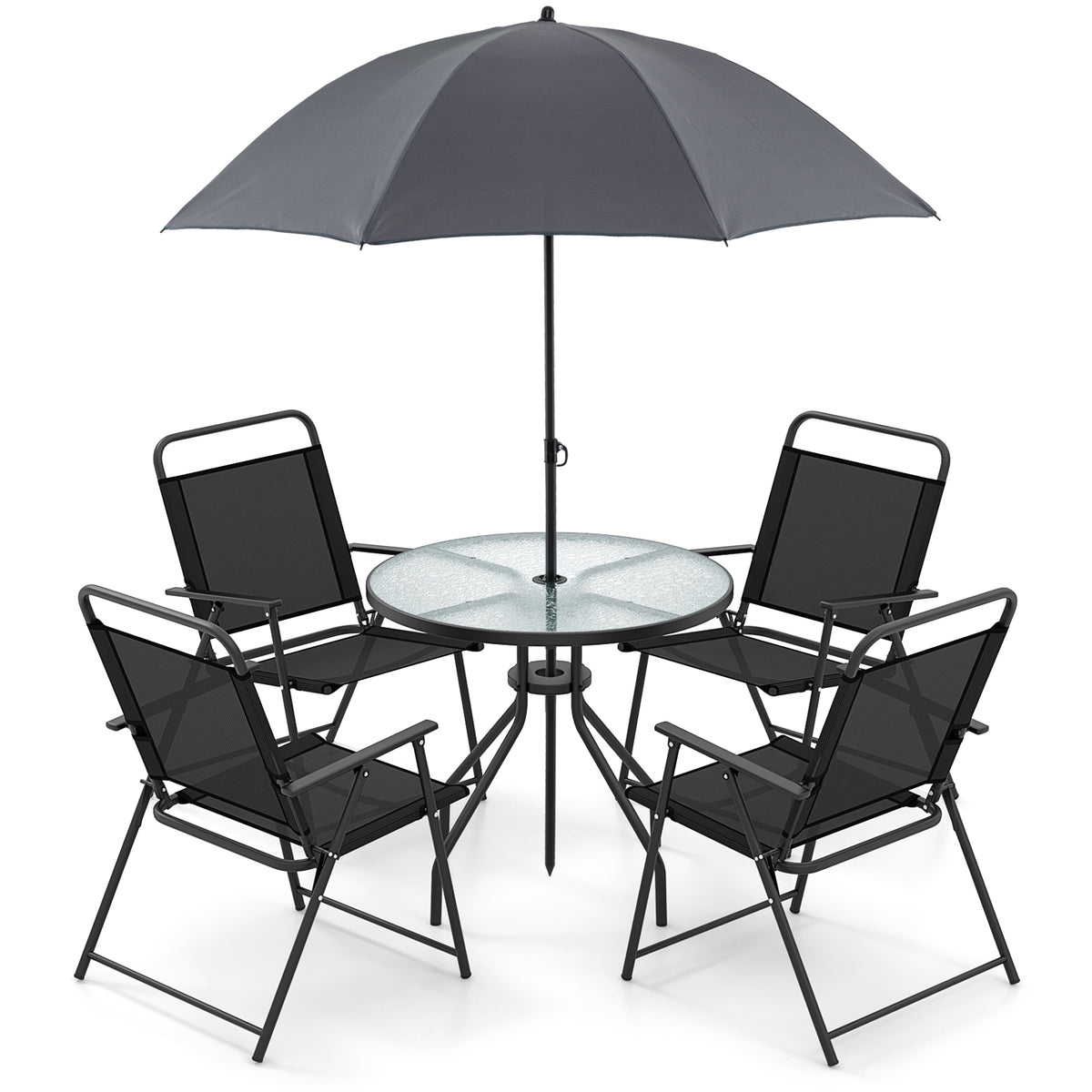 6 Pieces Patio Dining Set Folding Chairs Glass Table Tilt Umbrella