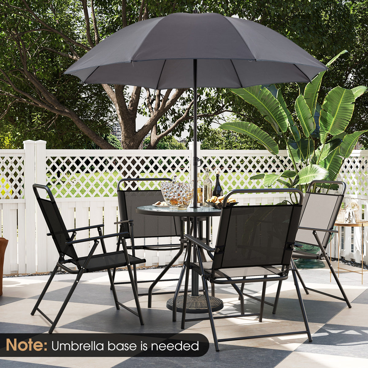6 Pieces Patio Dining Set Folding Chairs Glass Table Tilt Umbrella