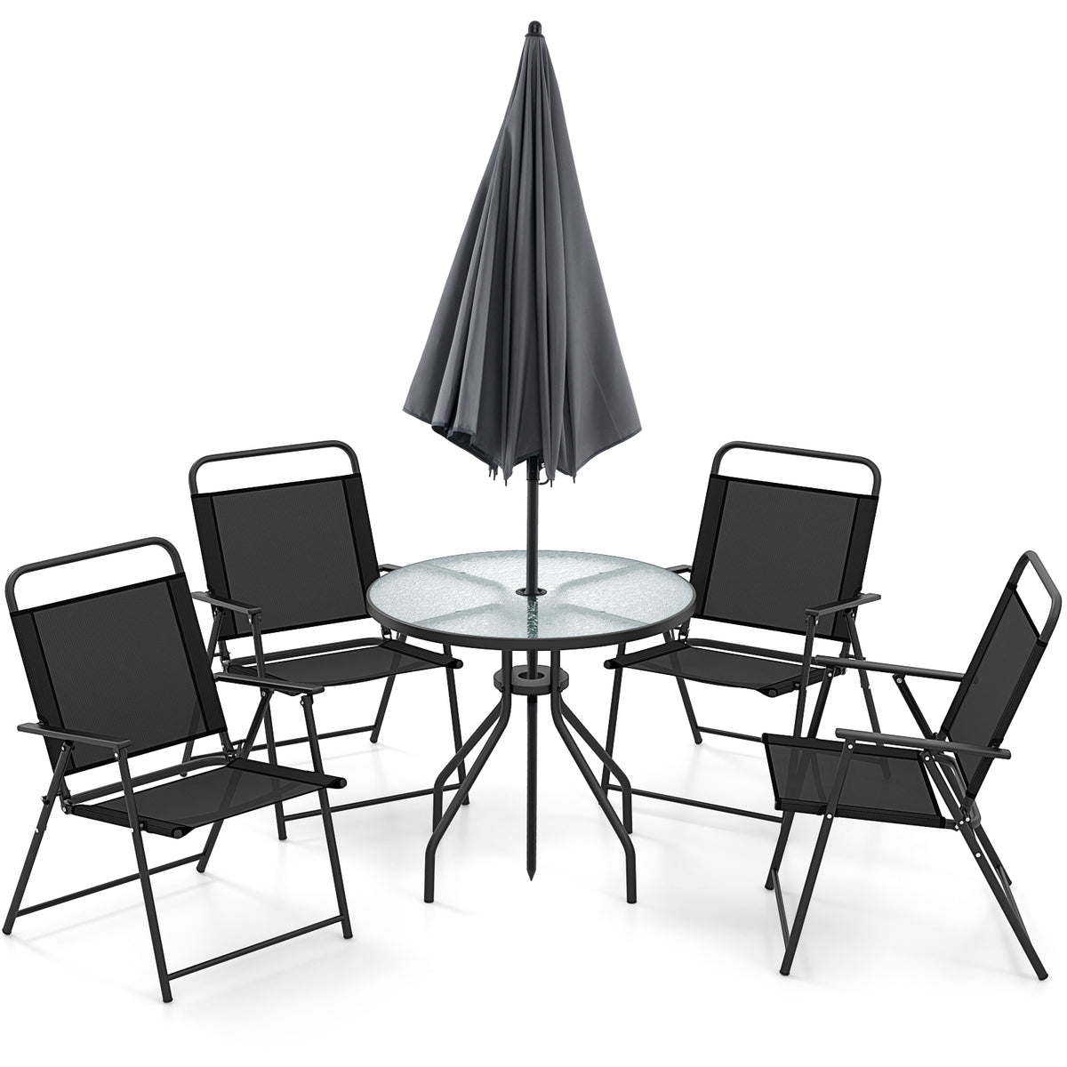 6 Pieces Patio Dining Set Folding Chairs Glass Table Tilt Umbrella