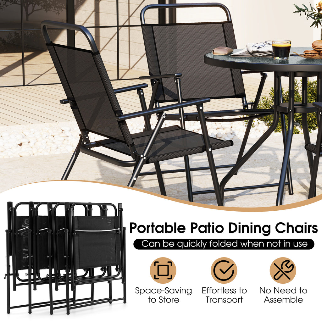 6 Pieces Patio Dining Set Folding Chairs Glass Table Tilt Umbrella