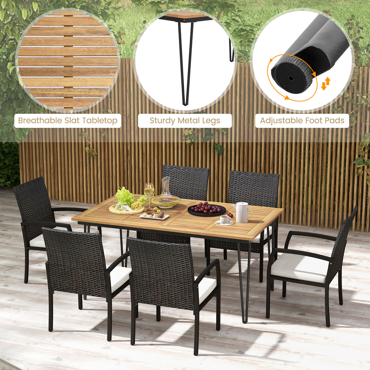7 Pieces Patio Dining Set with Acacia Wood Table for Porch Backyard