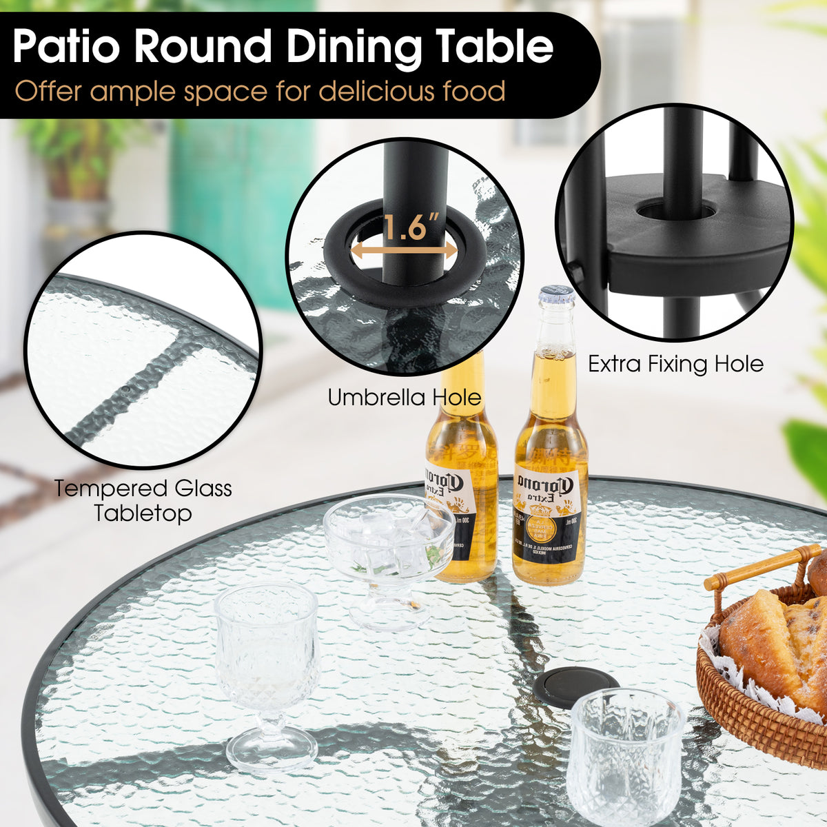 6 Pieces Patio Dining Set Folding Chairs Glass Table Tilt Umbrella